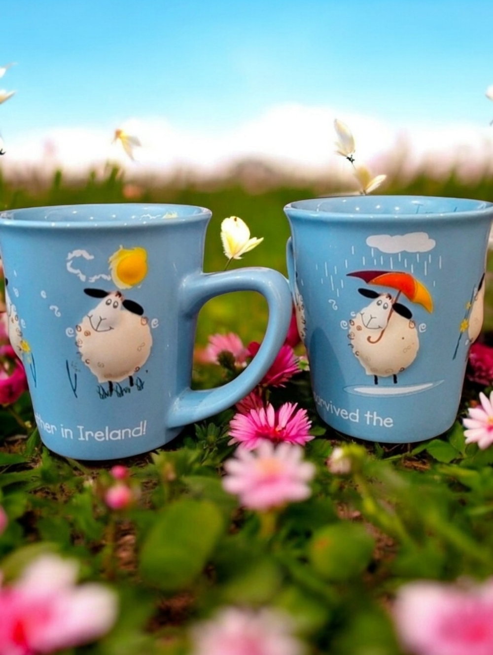 A PAIR! Vintage John Hinde I Survived The Weather In Ireland 3D Sheep Mugs.
